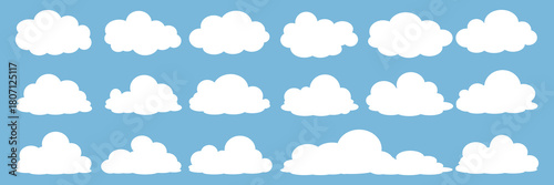 set of vector illustrations of clumpy clouds, cloud bubbles in flat style on a blue background	