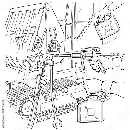Illustration of a machine being lubricated with a grease gun and oil cans.