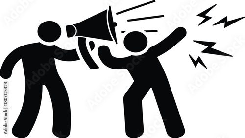Monochrome Pictogram of a Person Using a Megaphone to Communicate an Urgent Message with Soundwaves and Lightening Bolts Present                      