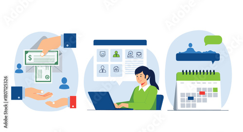 Set of business process illustrations depicting payroll, human resources management on a laptop, and scheduling on a calendar.