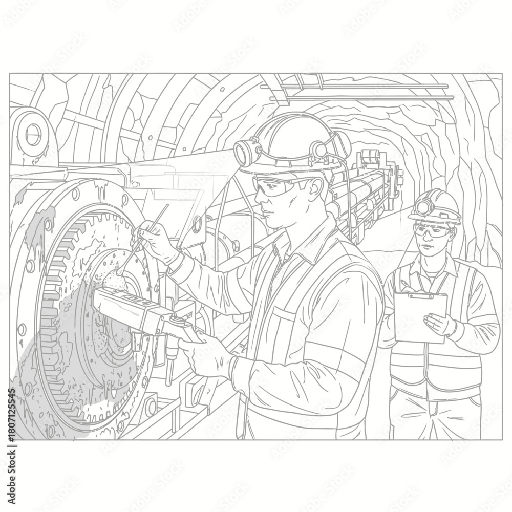 Obraz premium Line art illustration of two engineers in safety gear inspecting heavy machinery inside an underground mining tunnel.