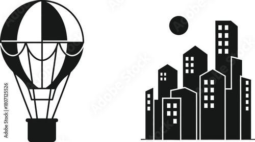 Stylized silhouette of a hot air balloon floating above a city skyline with a moon in the background
