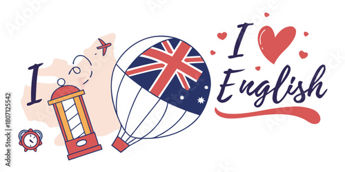 Express Your Passion for English Learning with this Unique Design Featuring Hot Air Balloon, Clock, and Travel Elements for Language Enthusiasts