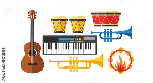 Colorful collection of various musical instruments in a flat design style, including a guitar, keyboard, trumpet, and drums.