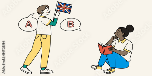 Engaging English language learning with charming characters, perfect for ESL materials, educational content, and promoting international understanding