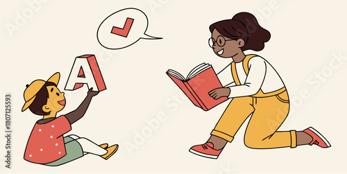 Adorable teacher guides child learning alphabet, fostering early education excitement and creating positive learning environment, perfect for educational resources