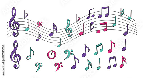 A collection of colorful hand-drawn musical notes and symbols, including treble and bass clefs, on a flowing musical staff.