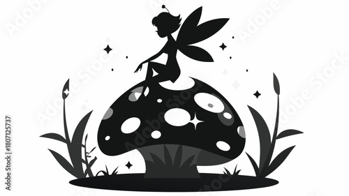 Enchanting fairy silhouette sitting on a mushroom with stars, perfect for children's books, fantasy art, and magical designs, vector illustration