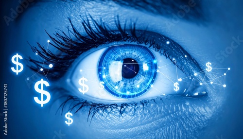Conceptual image of eye with dollar symbols, technology, finance, business, vision