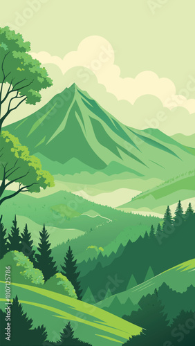 Green mountain landscape with lush forest and cloudy sky