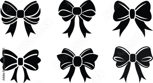 Black silhouette decorative bow icons - minimalist vector-style ribbon bows illustration for packaging, gift wrap and ornament design