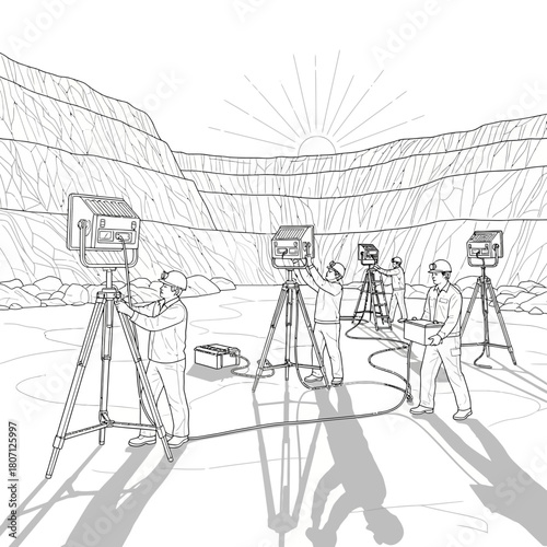 Workers setting up surveying equipment in an open-pit mine at sunrise, illustrating industrial measurement and mapping.