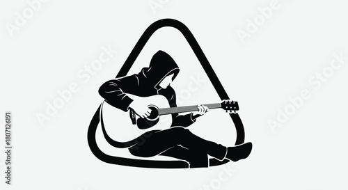 Silhouette of a person playing acoustic guitar inside a triangle frame.
