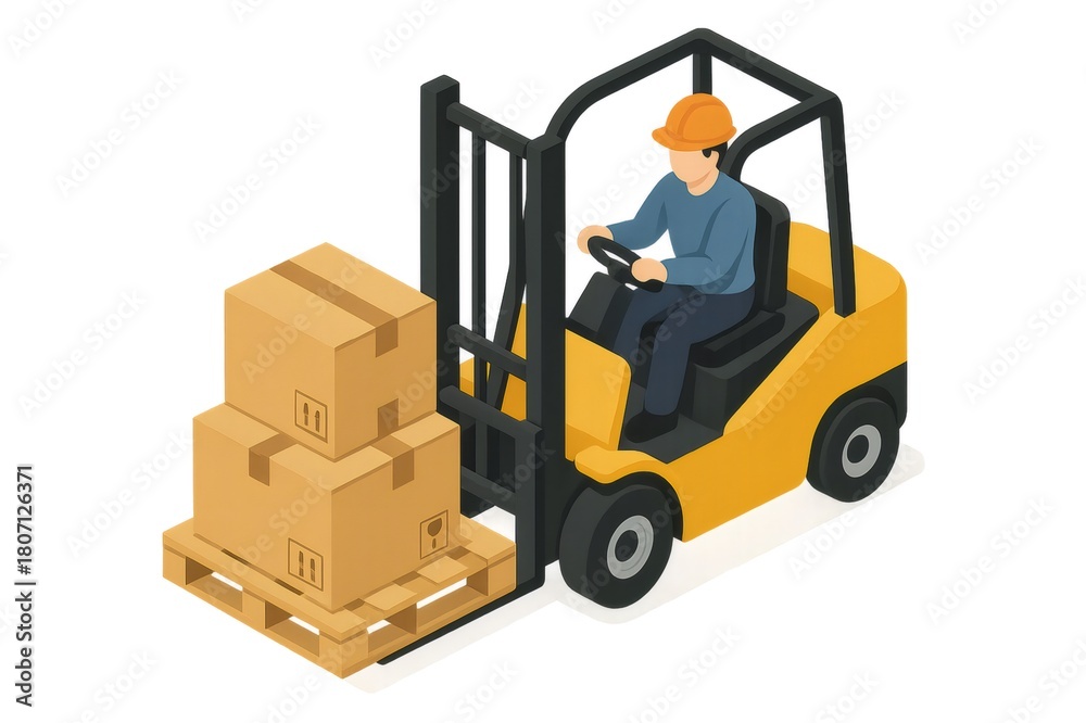 Naklejka premium Worker operating a yellow forklift, transporting stacked cardboard boxes on a wooden pallet. Logistics and warehouse operations concept