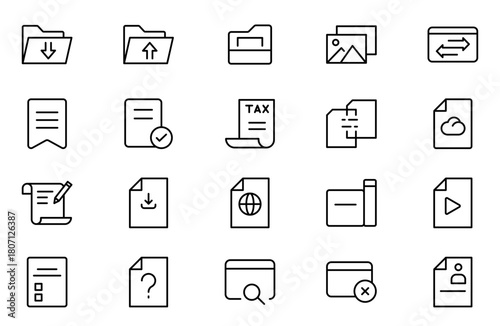 Document Management line Icon Set. Streamlined icons for organizing, storing, and sharing files, perfect for productivity apps, cloud storage, and business workflows.