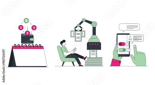 Conceptual illustrations about finance and technology, depicting recurring payments, automation with a robot arm, and mobile chat.