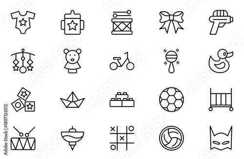 Toys line icon set. Containing Toys, Pacifier Gun, human, Spinning Tops, Game Controller, Bell, Puzzle, Rattle,Toy car, Baloon, cake Outline icon collection.