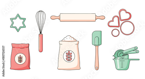 Charming collection of essential baking supplies, including bags of flour, a rolling pin, a whisk, cookie cutters, and measuring cups.