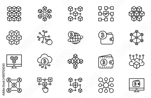 Blockchain technology icons set, such as cryptocurrency, mining, bitcoin. Editable Stroke.