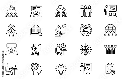 Workshop icon set. Collection of training, meeting, seminar, team building and more. Vector illustration isolated on white. Editable stroke.