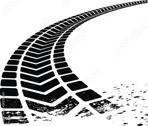Vector illustration of a curving, grunge tire track with a chevron tread pattern isolated on a white background