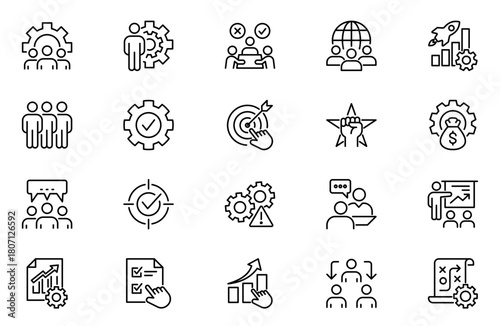 Management outline icon set. Collection of teamwork, training, development, and more. Vector illustration. Editable stroke.
