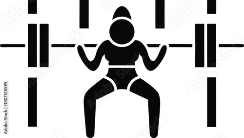 Woman Lifting Barbell in Squat Position: Minimalistic Fitness Exercise Illustration, Vector Design.                                                   