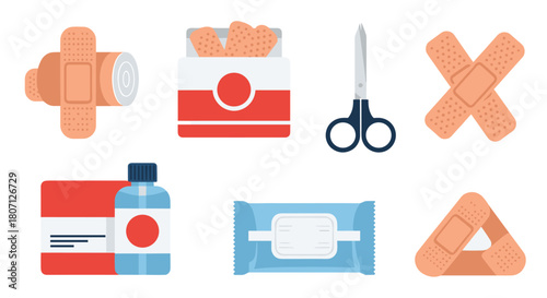 First aid kit supplies set in a flat design style, featuring adhesive bandages, scissors, antiseptic wipes, and medication.
