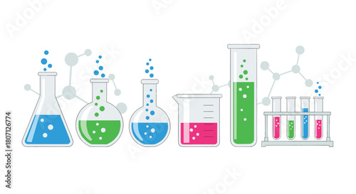 A set of chemistry laboratory glassware, including beakers, flasks, and test tubes, filled with colorful bubbling chemical solutions.