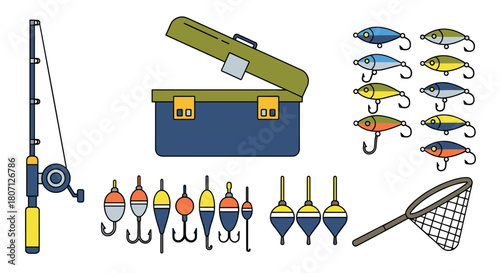Colorful assortment of essential fishing equipment for anglers, featuring a rod, tackle box, various lures, hooks, and floats.