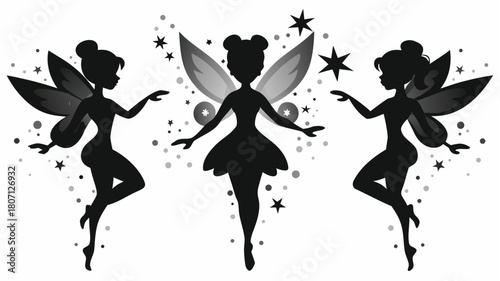 Three whimsical fairies dancing with stars, a touch of magic and fantasy, perfect for children's books or enchanting designs, originally a scalable graphic