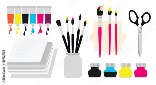 Complete set of art and craft supplies for painting and creative projects, including paints, brushes, paper, and scissors.