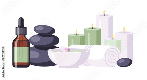 Tranquil spa and wellness setting with stacked massage stones, lit candles, essential oil, and a rolled towel for relaxation.