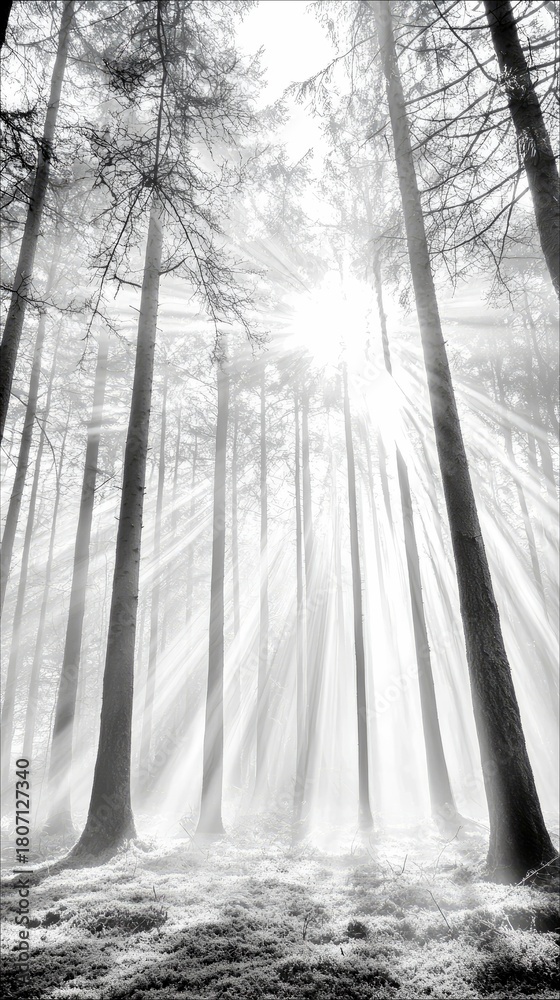 Naklejka premium Sunlight streams through the trees in a misty forest, creating dramatic light rays and a serene atmosphere.