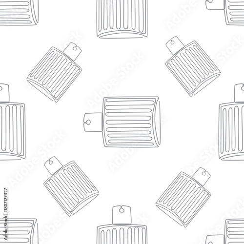 Outline perfume bottle seamless pattern. Hand drawn Fashion wallpaper, beauty background, fabric, textile, print, wrapping paper or package design.