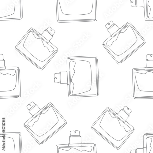 Outline perfume bottle seamless pattern. Hand drawn Fashion wallpaper, beauty background, fabric, textile, print, wrapping paper or package design.