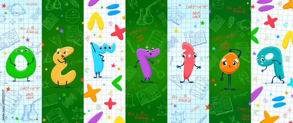 Obraz premium Cartoon math arabic numbers characters with smiling faces and comic poses and science geometry, chemistry and mathematics, formulas and laboratory flasks. Funny arabic numerals and digits characters