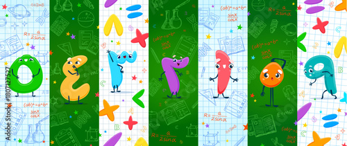 Cartoon math arabic numbers characters with smiling faces and comic poses and science geometry, chemistry and mathematics, formulas and laboratory flasks. Funny arabic numerals and digits characters