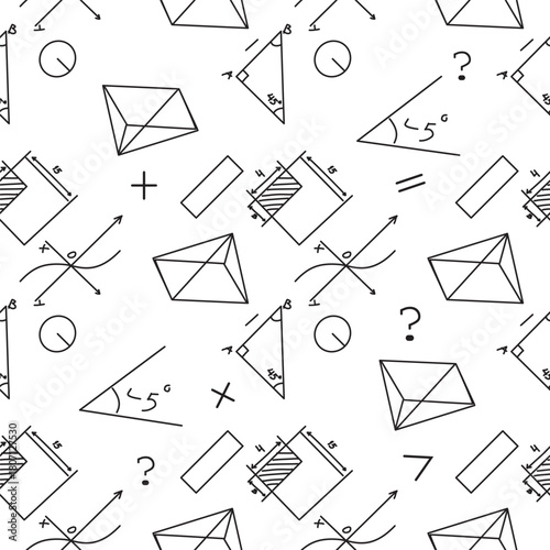 Seamless pattern of outline hand drawn math geometry formula. School-themed background with geometric formulas pattern.