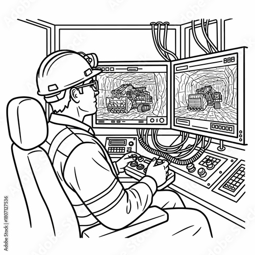 Man operating mining equipment remotely in a control room.