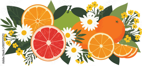 Vibrant Citrus Fruit Arrangement with Daisies and Green Leaves.