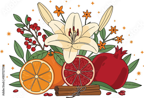 Vibrant Still Life Arrangement of Fruits and Flowers 1.