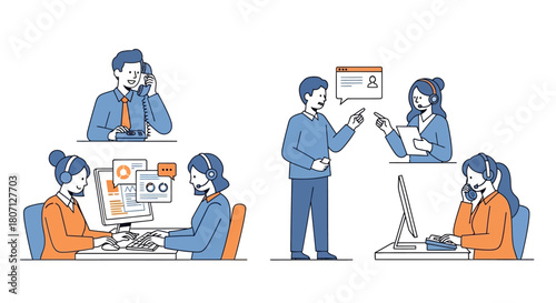 Illustration of customer service representatives assisting customers via phone and computer.