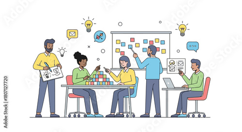 A diverse team of professionals collaborating on a project in a creative workshop, brainstorming and planning together.