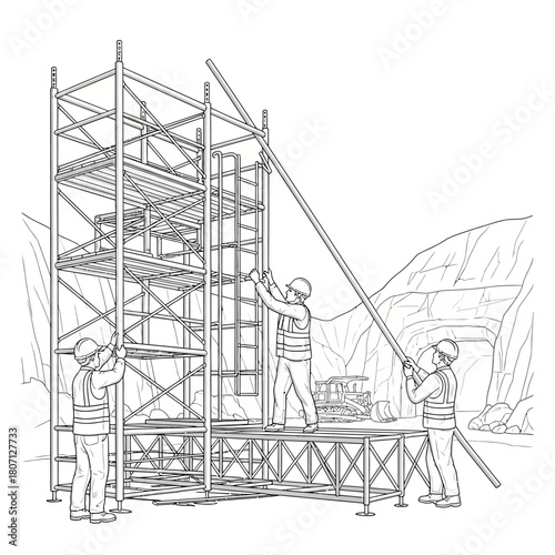 Illustration of construction workers assembling scaffolding on a construction site.