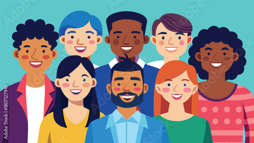 Diversity group of friends smiling, flat colorful vector.