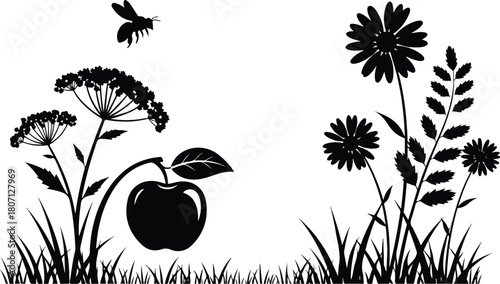 Silhouette of an apple on a plant with a bee flying.