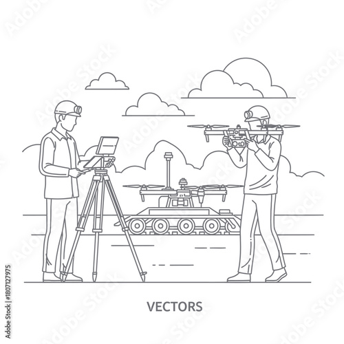 Line art illustration of engineers with a drone, robotic rover, and surveying equipment.