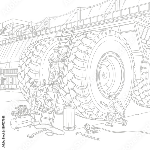 Illustration of workers repairing a giant truck tire.