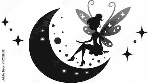Enchanting fairy sitting on a crescent moon with delicate wings and sparkling stars, radiating magic and wonder for children's illustrations and designs